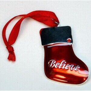 Harvey Lewis BELIEVE Red Enamel Christmas Stocking Tree Ornament